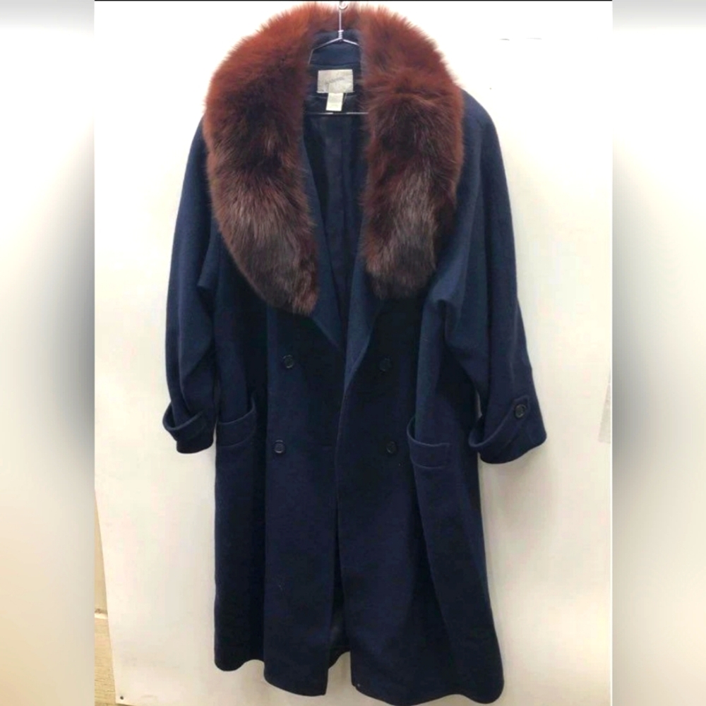 Jacqueline Ferrar Designer Wool Long Fur Women Blue Peacoat  Coat Sz 16